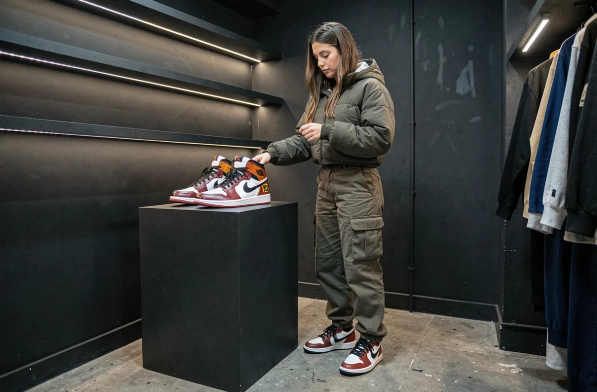 Intérieur de Minuit Douze Paris avec son ambiance sombre et underground, une cliente examinant une pièce en édition limitée dans un espace boutique minimaliste