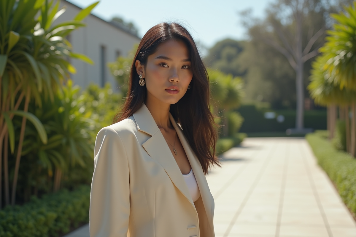 Mannequin féminin dans un jardin moderne et verdoyant