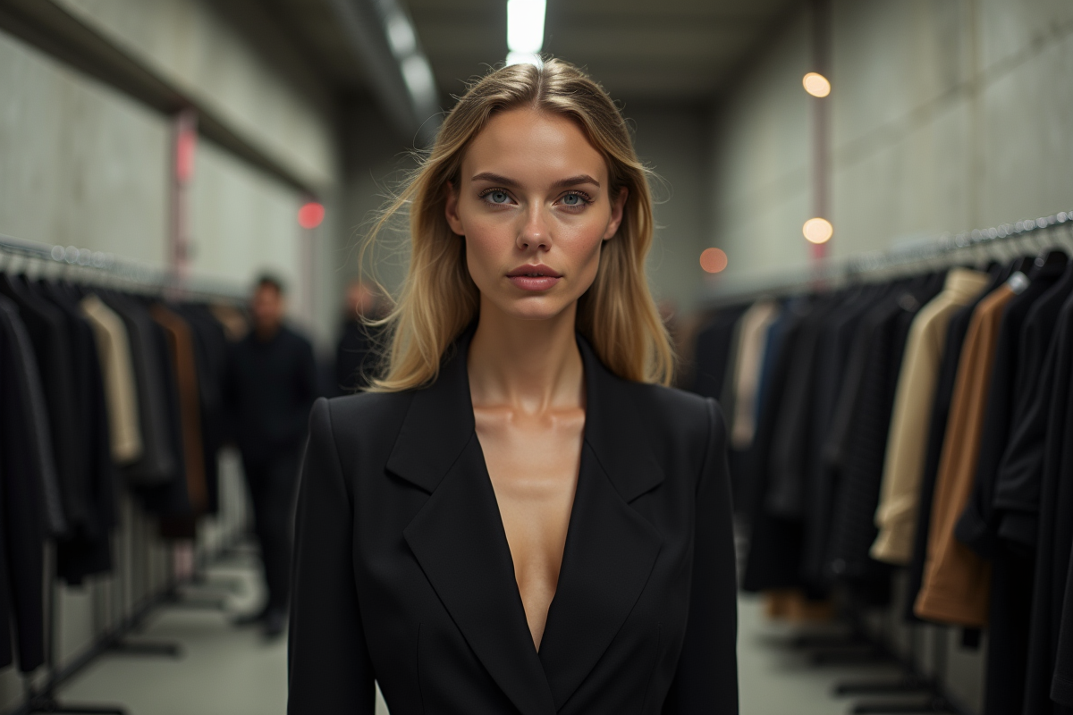 Mannequin en costume chic en coulisses lors d un défilé à NYFW