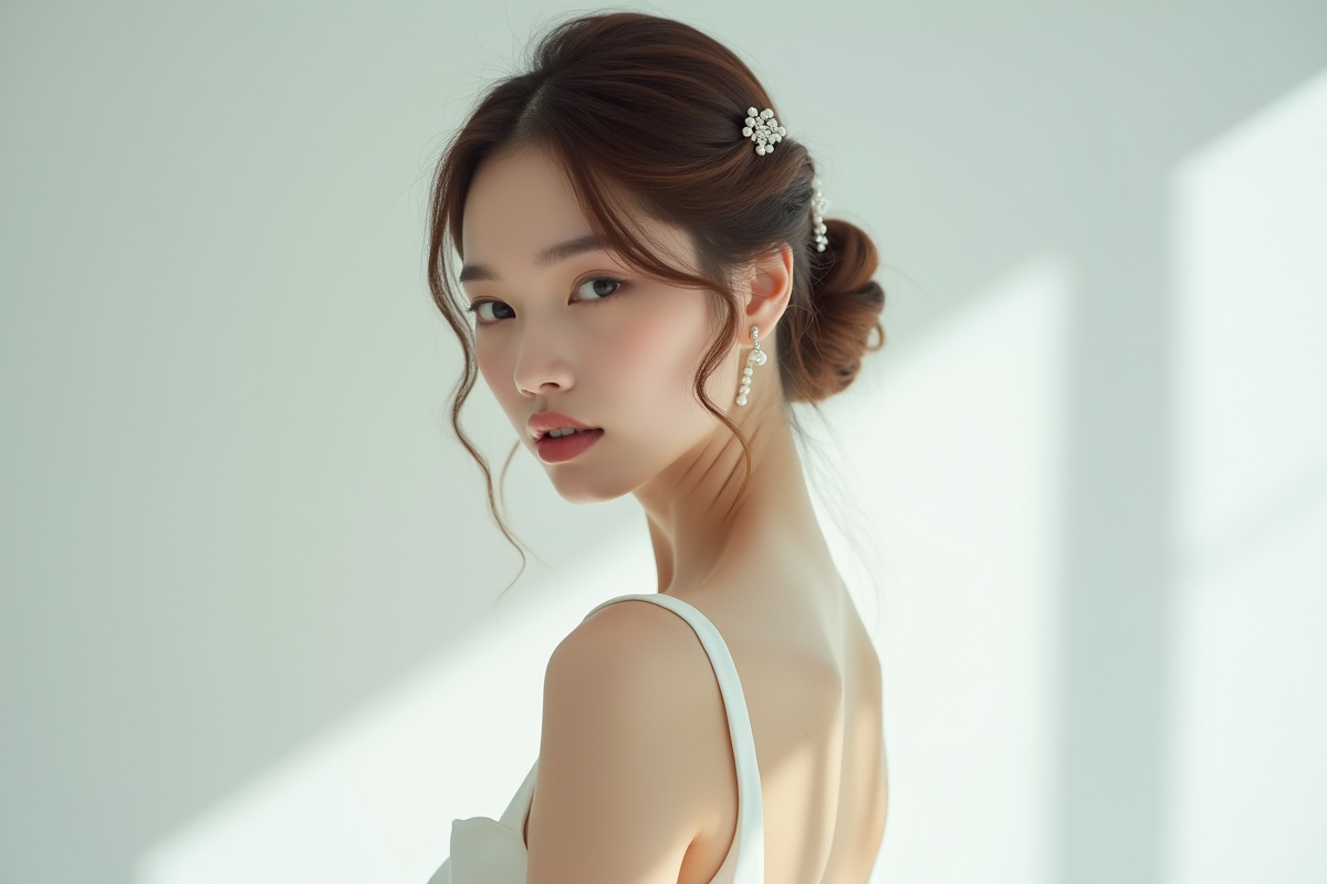 Modèle avec coiffure sophistiquée et robe de mariage moderne