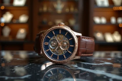 Montre de luxe suisse avec tourbillon visible sur marbre noir, pièce horlogère mythique en or rose
