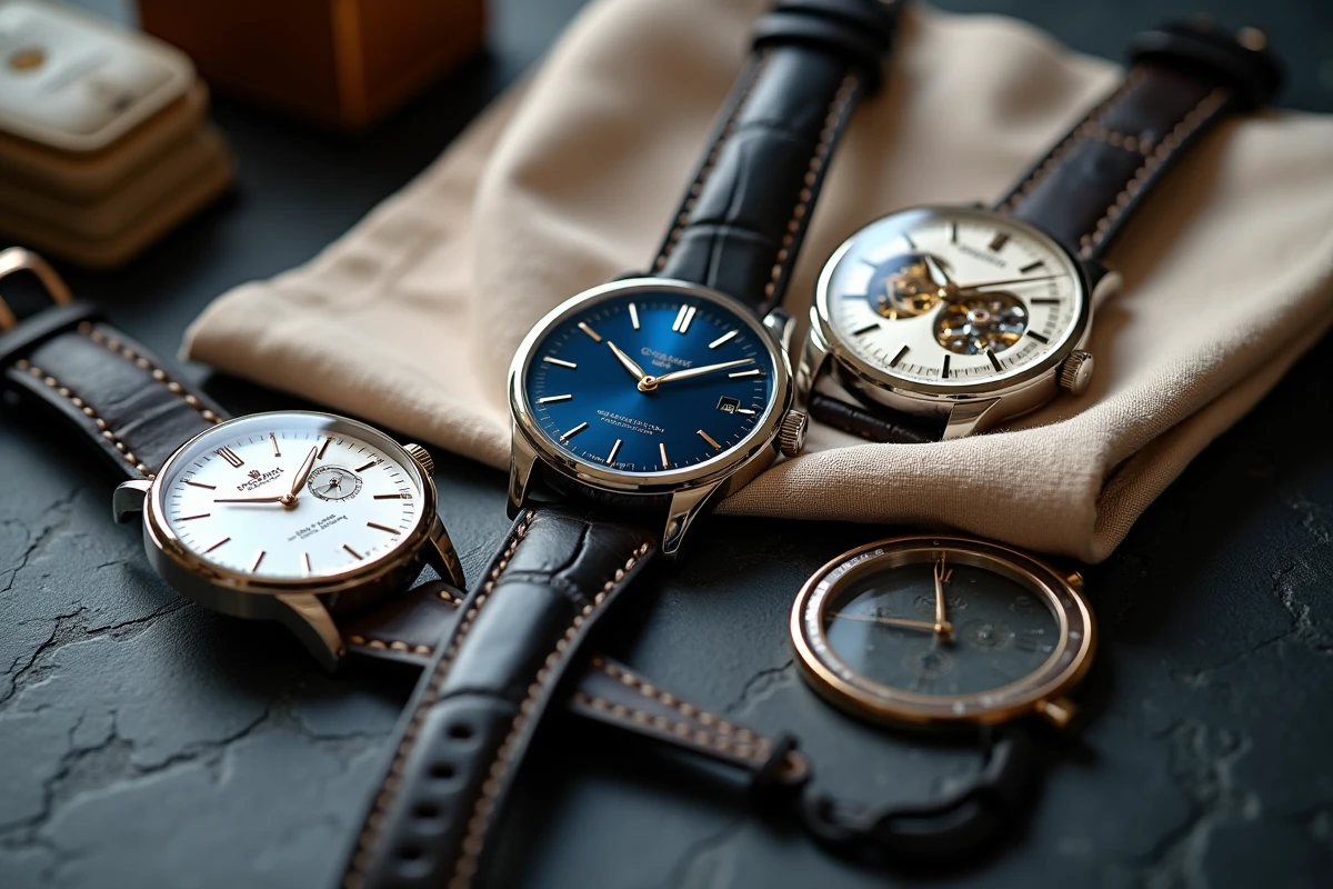 Trois montres mécaniques de prestige disposées sur une surface en ardoise sombre avec un bracelet en cuir vintage