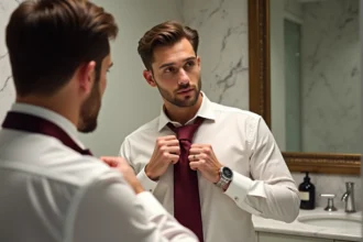 Homme en chemise blanche réalisant un nœud de cravate double devant un miroir de salle de bain en marbre