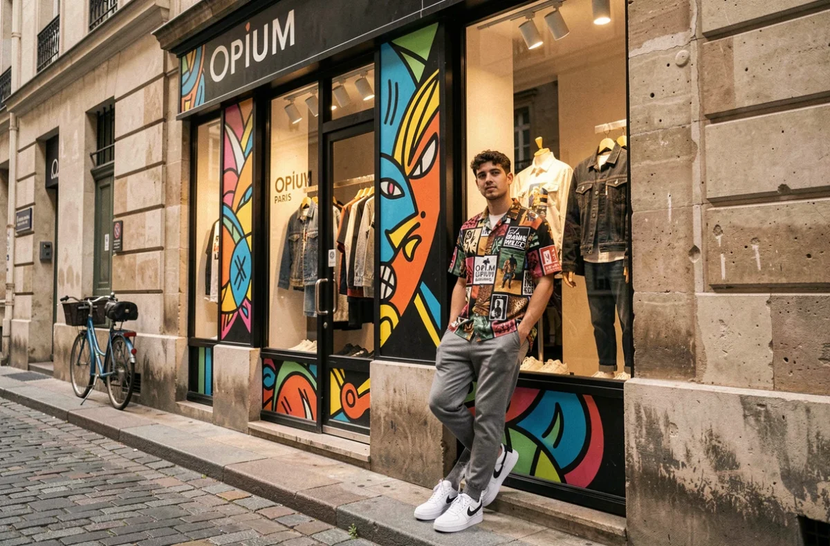 Façade de la boutique Opium Paris dans le Marais avec sa devanture graphique distinctive et un passionné de streetwear posant devant l'entrée