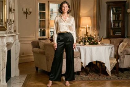 Femme élégante en pantalon satiné large et chemisier en soie pour une tenue de réveillon chic dans un appartement parisien
