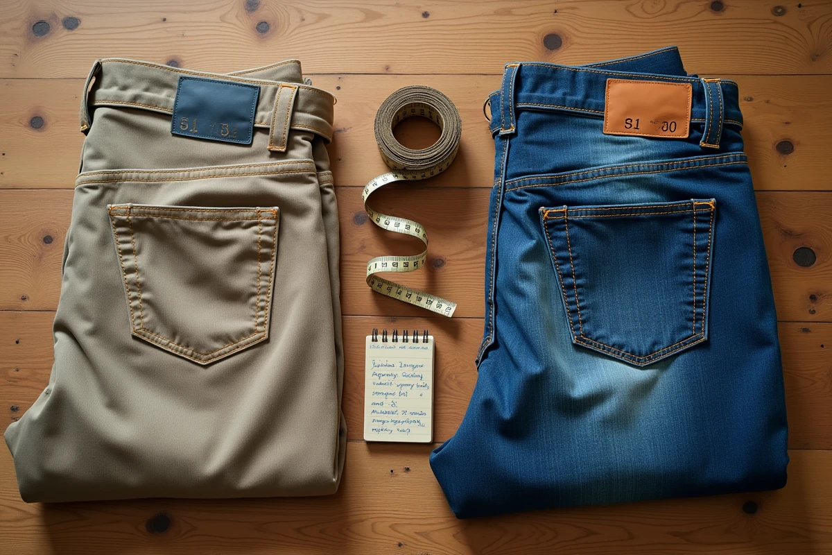 Vue à plat de deux pantalons taille 30 en denim et chino avec un mètre ruban et des notes de mesures manuscrites