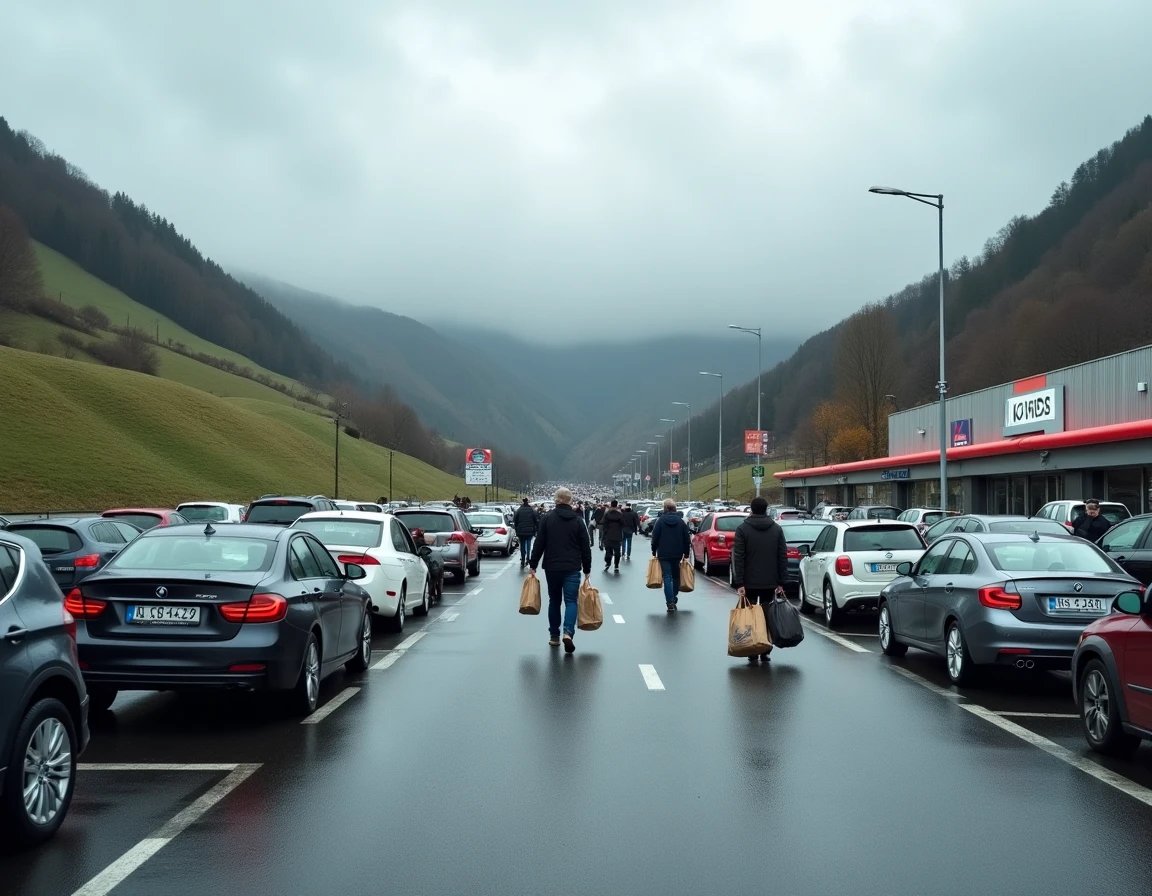Parking animé d'un centre commercial frontalier entre France et Espagne, clients avec achats et voitures aux plaques françaises et espagnoles
