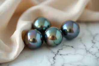 Trois perles noires de Tahiti aux reflets paon et aubergine posées sur un tissu de soie ivoire et marbre blanc