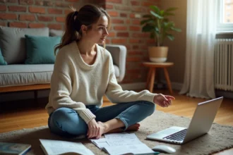 Femme planifiant un voyage économique avec des brochures et un budget manuscrit sur le sol d'un appartement cosy