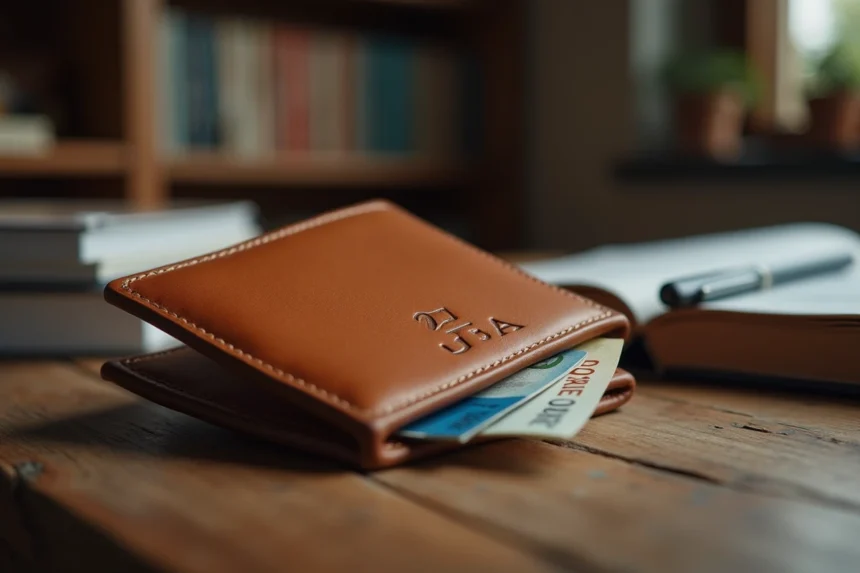 Portefeuille en cuir personnalisé avec initiales gravées posé sur un bureau en bois rustique