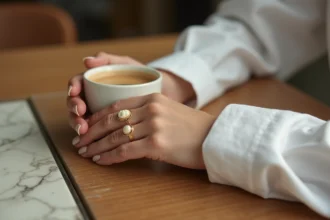 Femme portant une bague en camée ovale avec une chemise en lin blanc, posant sa main sur une table de café parisien