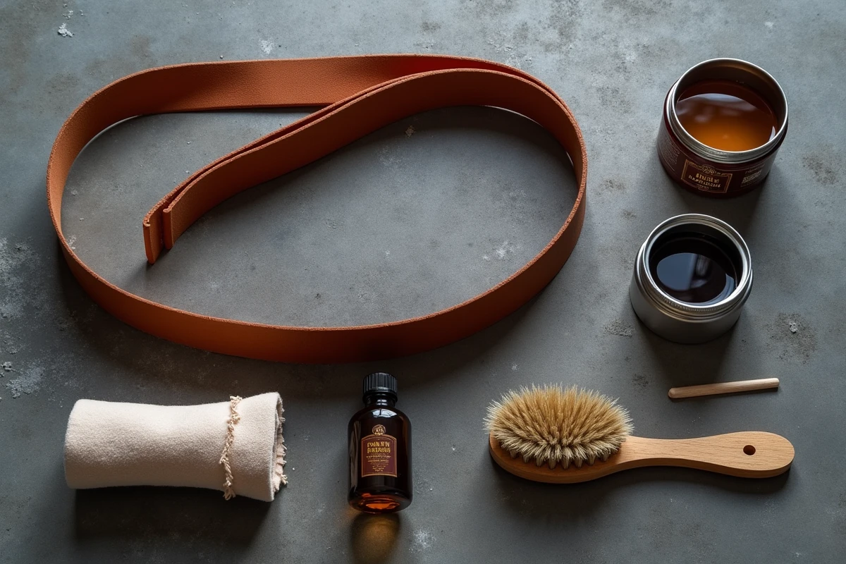 Flat lay des produits d'entretien pour cuir gras neuf posés sur une surface en béton gris : dubbin, huile de pied de bœuf, brosse et chiffon