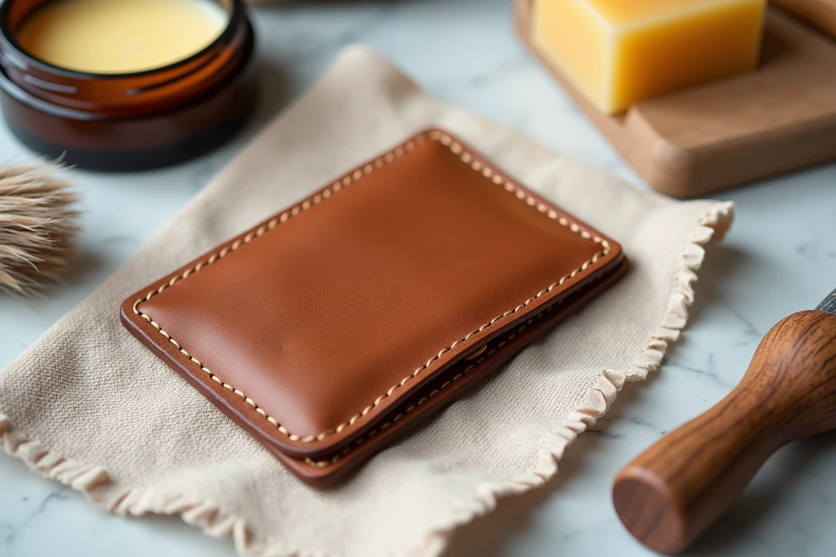 Porte-cartes en cuir cognac avec produits d'entretien naturels posés sur marbre blanc