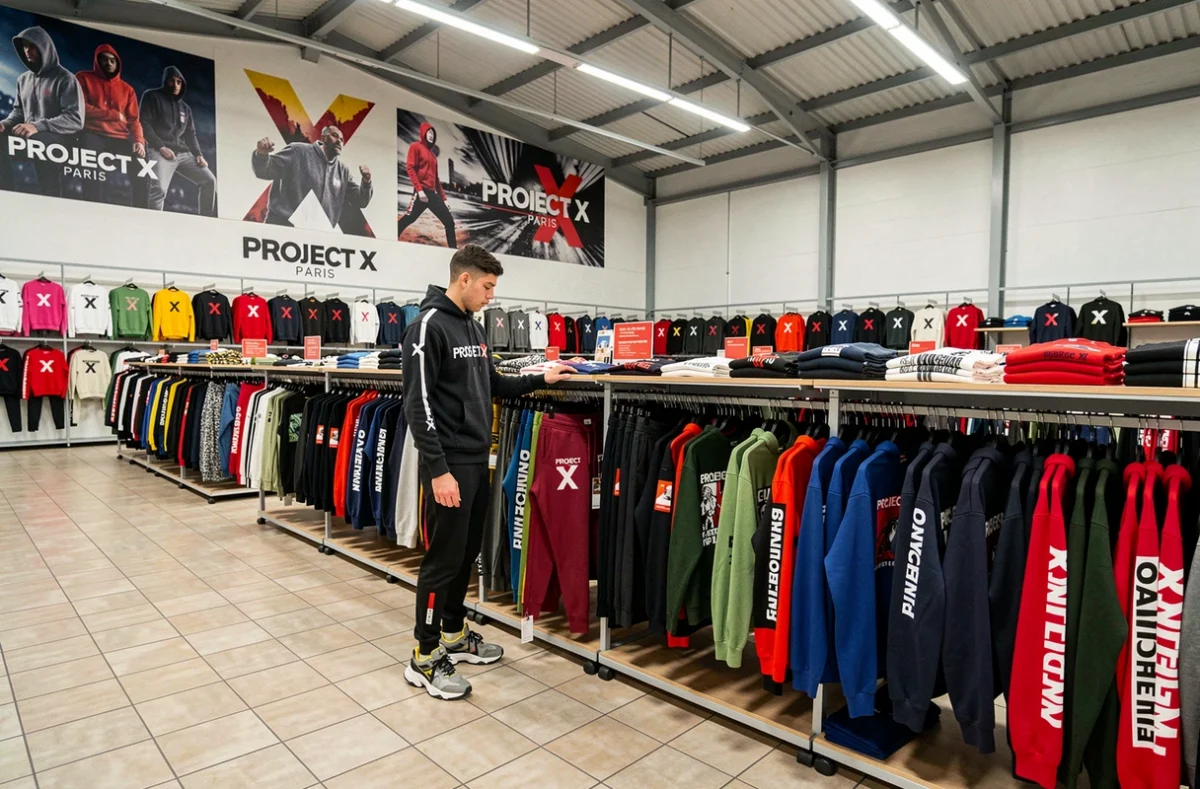 Magasin Project X Paris à Aubergenville avec son grand espace outlet streetwear, des rayons chargés de vêtements de la marque et un client en tenue Project X