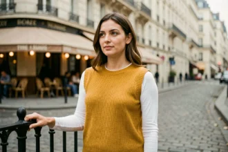 Femme portant un pull sans manche moutarde sur chemise blanche dans une rue pavée parisienne, style élégant et décontracté