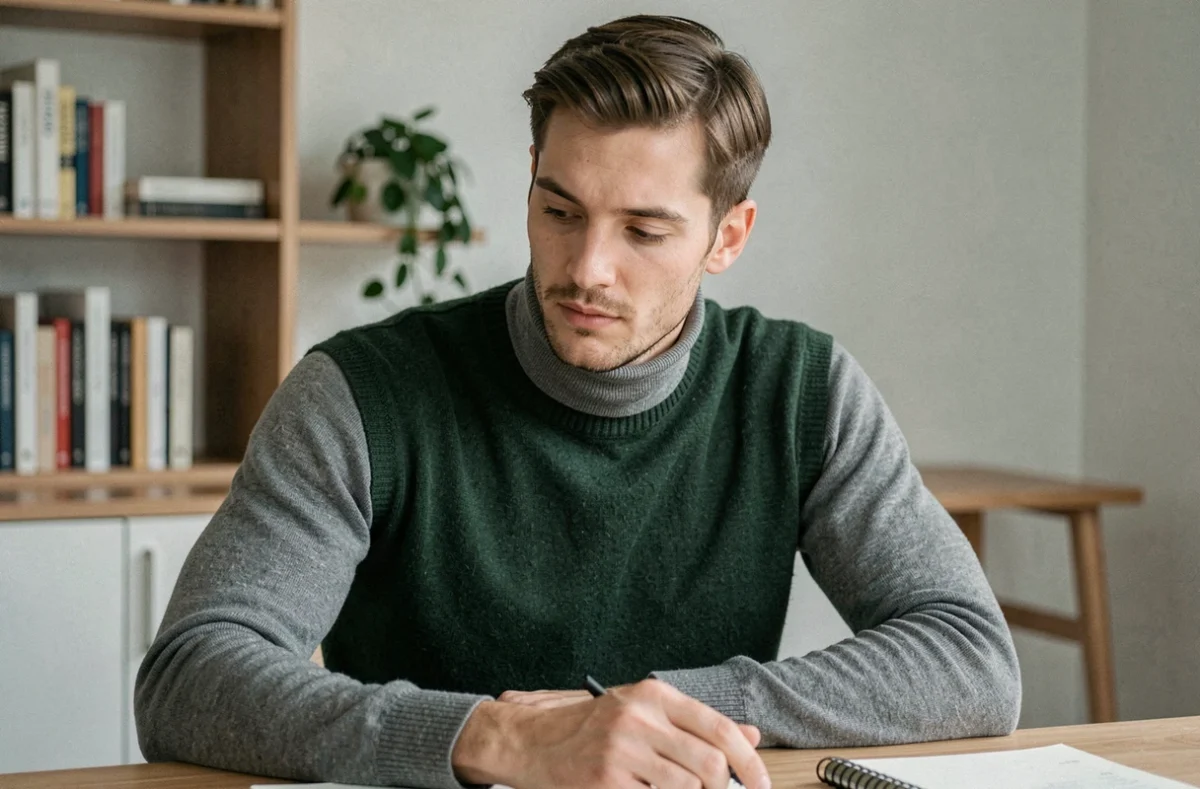 Homme portant un pull sans manche vert forêt sur col roulé gris dans un bureau minimaliste scandinave, look intellectuel et moderne
