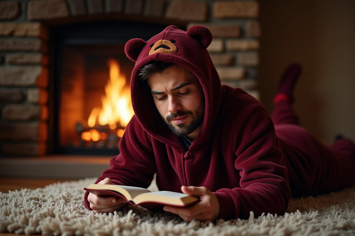Homme en grenouillère à capuche bordeaux avec oreilles allongé sur un tapis devant une cheminée en lisant