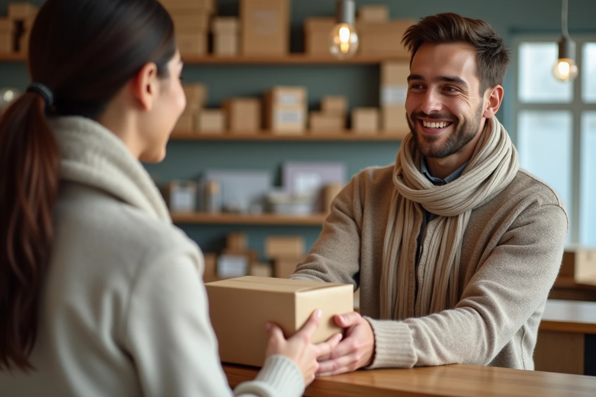 Homme remettant un colis à un employé dans un magasin