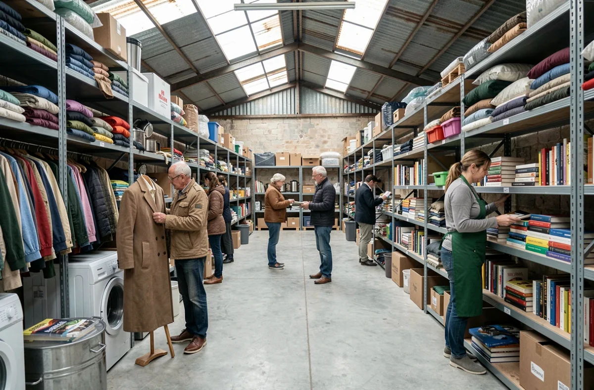 Recyclerie de Beaucaire avec rayonnages de vêtements et objets de seconde main dans un hangar rénové
