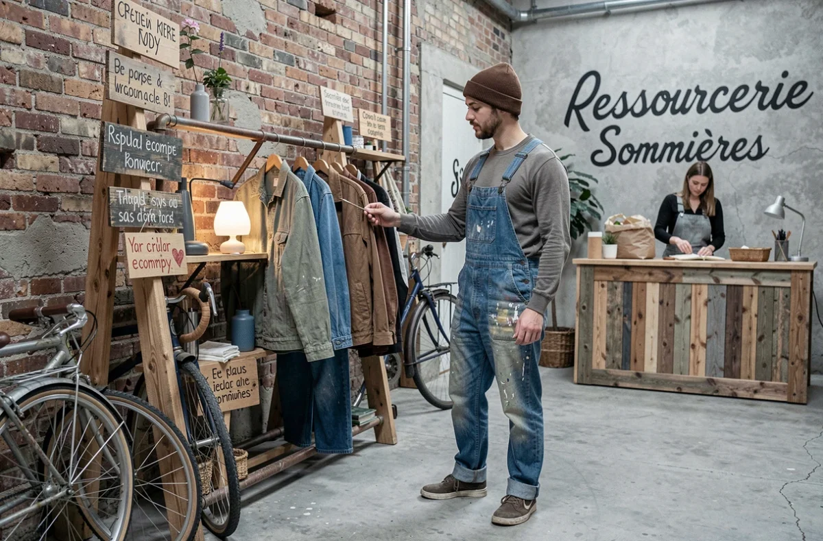 Ressourcerie Le Tri Porteur à Sommières avec vêtements et objets récupérés dans un espace atelier