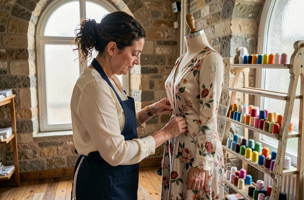 Couturière chez Retoucherie Marais épinglant les coutures d'une robe en soie sur un mannequin dans une boutique aux murs en pierre du quartier du Marais