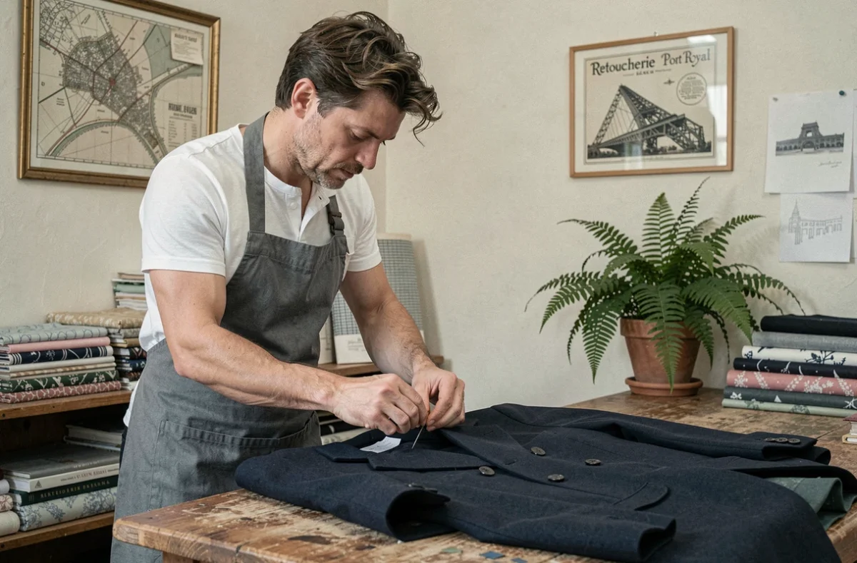 Tailleur chez Retoucherie Port Royal à Paris recousant un bouton sur un manteau marine à double boutonnage dans un atelier calme à l'atmosphère rive gauche
