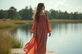 Femme portant une robe hippie longue en coton froissé terracotta et rose poudré, debout sur un ponton en bois au bord d'un lac en été