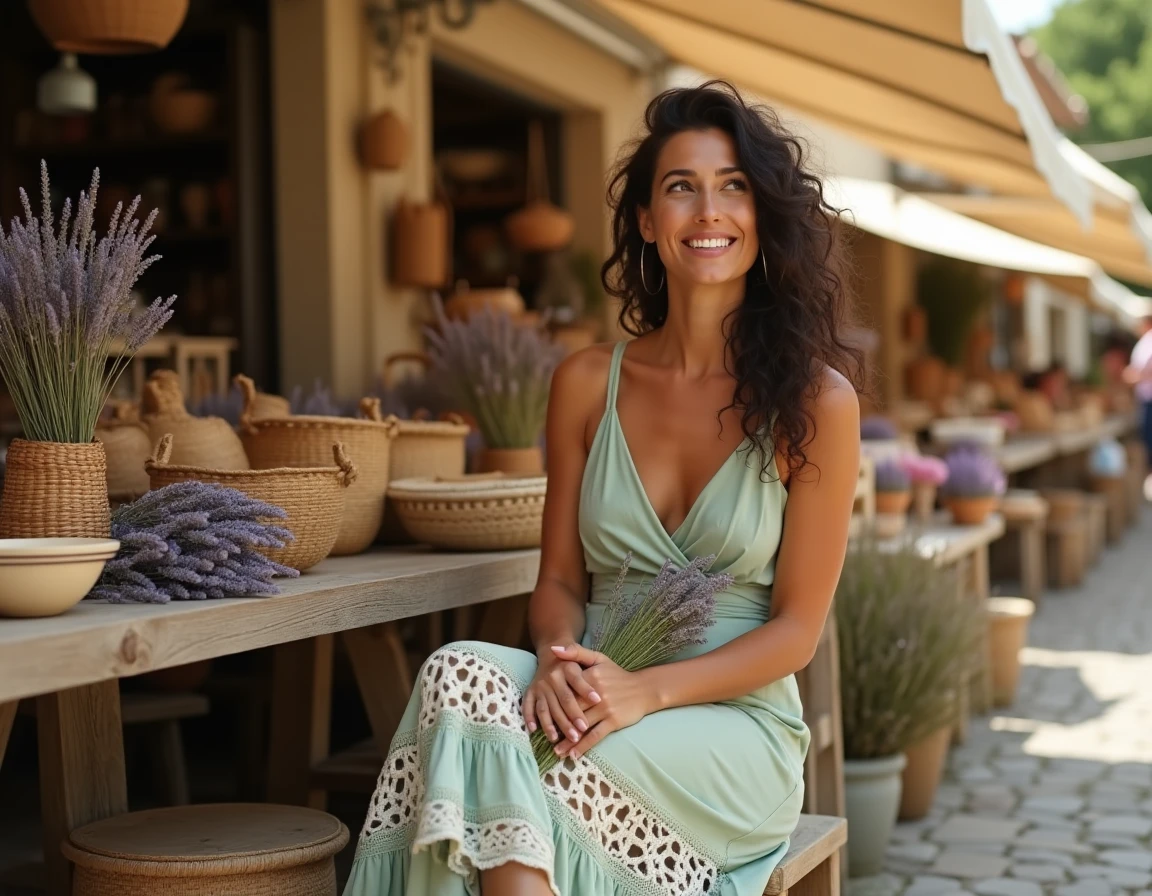 Femme en robe hippie midi à bretelles en dentelle crochet vert sauge assise dans un marché provençal avec fleurs séchées et paniers en osier