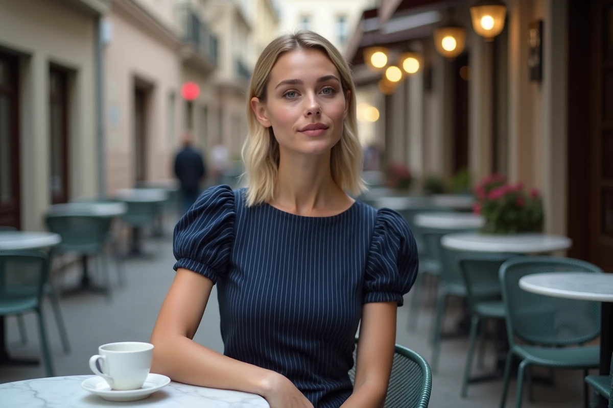 Femme ronde et petite en robe bleue à rayures assise en terrasse de café dans une ville européenne