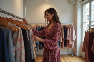 Femme petite et ronde portant une robe midi portefeuille à imprimé floral bordeaux dans une boutique parisienne