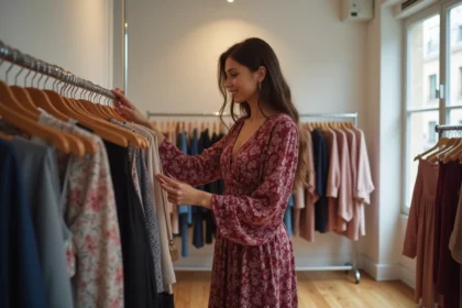 Femme petite et ronde portant une robe midi portefeuille à imprimé floral bordeaux dans une boutique parisienne