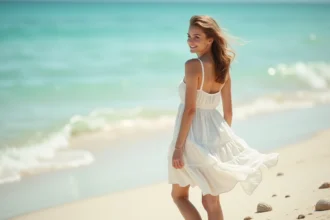 Femme portant une robe de plage courte à volants blanche sur le sable au bord de la mer