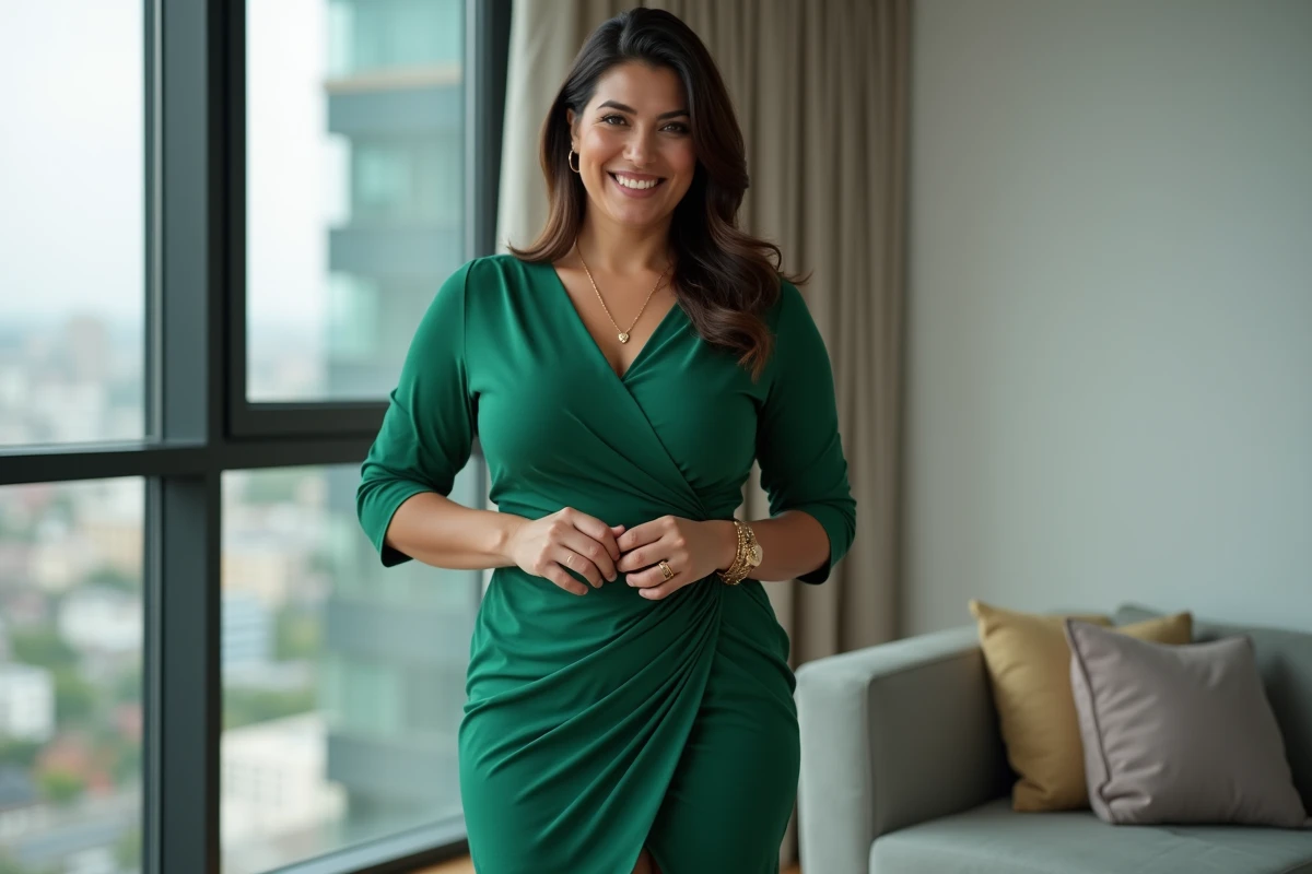 Femme ronde de petite taille en robe verte structurée dans un appartement moderne avec vue urbaine