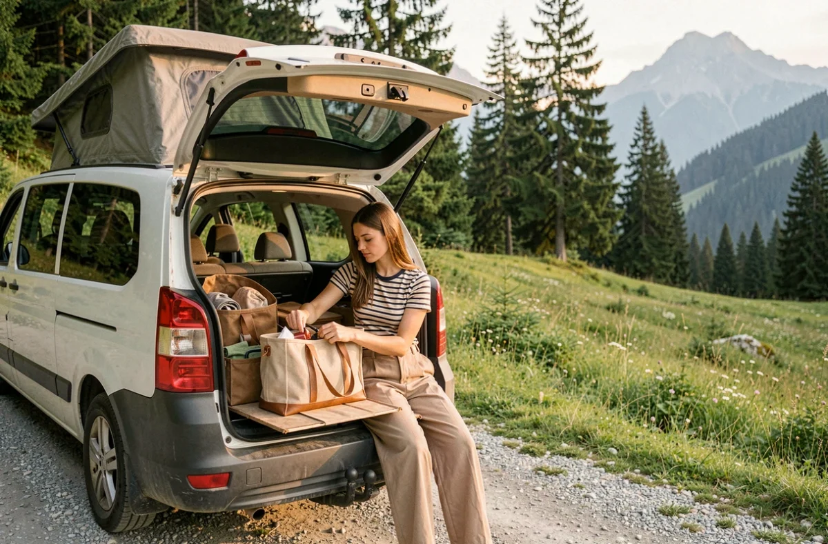 Femme organisant son sac cabas de voyage à l'arrière d'un van aménagé en montagne pendant un road trip