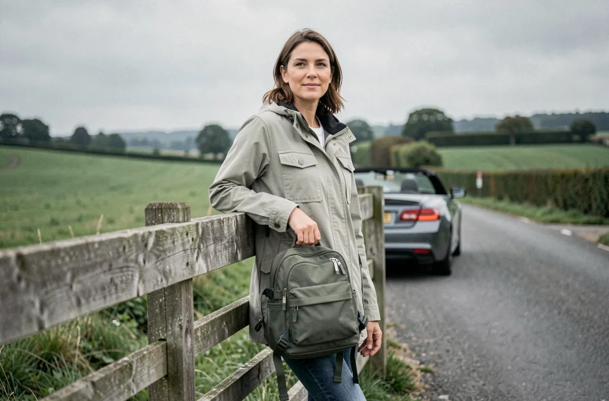 Femme avec un sac à main compact nylon polyvalent lors d'une pause sur une route de campagne française en road trip