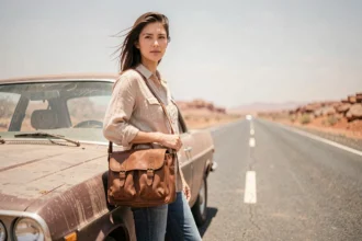 Femme tenant un sac à main de voyage en cuir structuré près d'une voiture vintage sur une route désertique lors d'un road trip