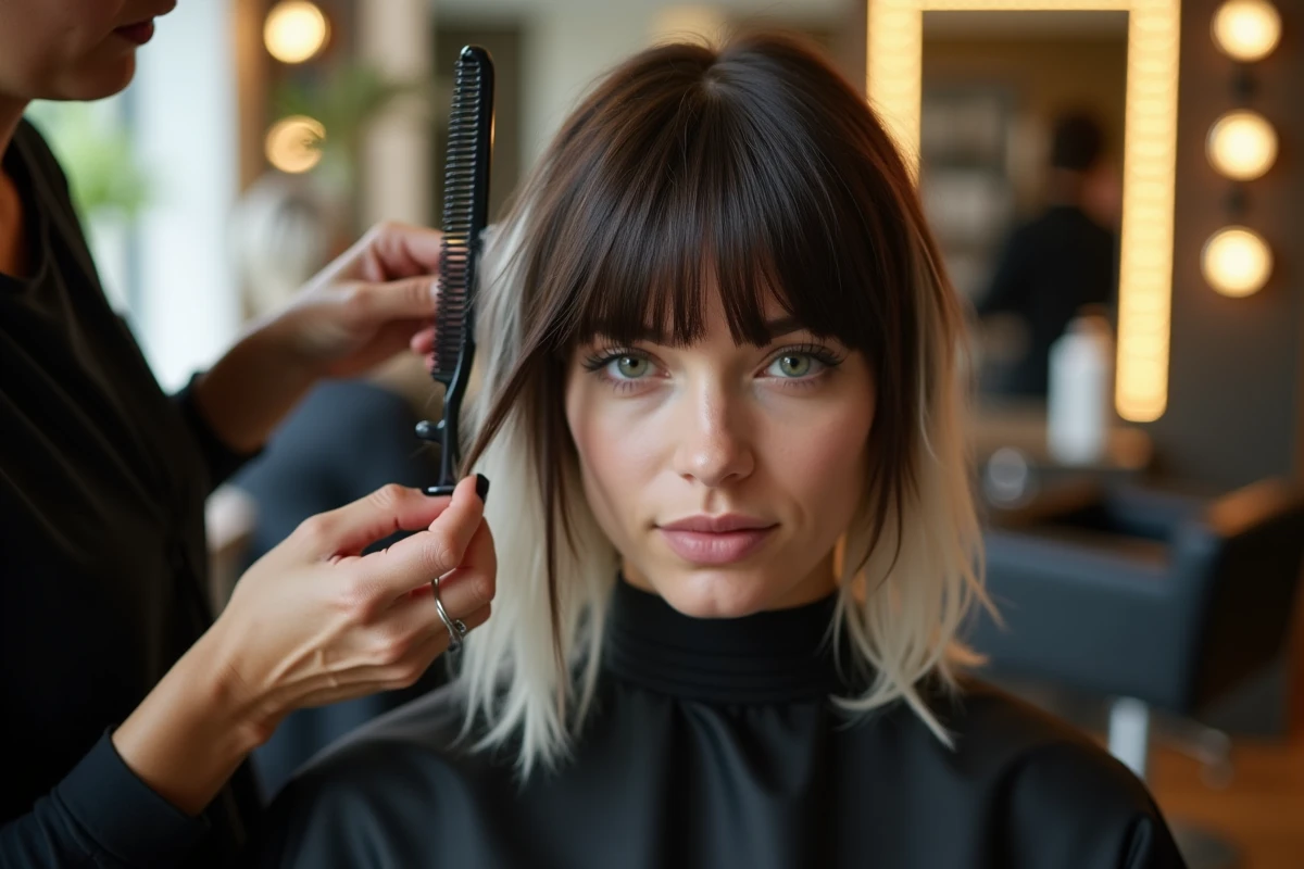 Femme en salon de coiffure lors d'une coloration emo avec mèches blondes platine et frange droite
