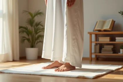 Homme portant un sarouel de prière blanc en coton sur un tapis de prière dans un intérieur épuré