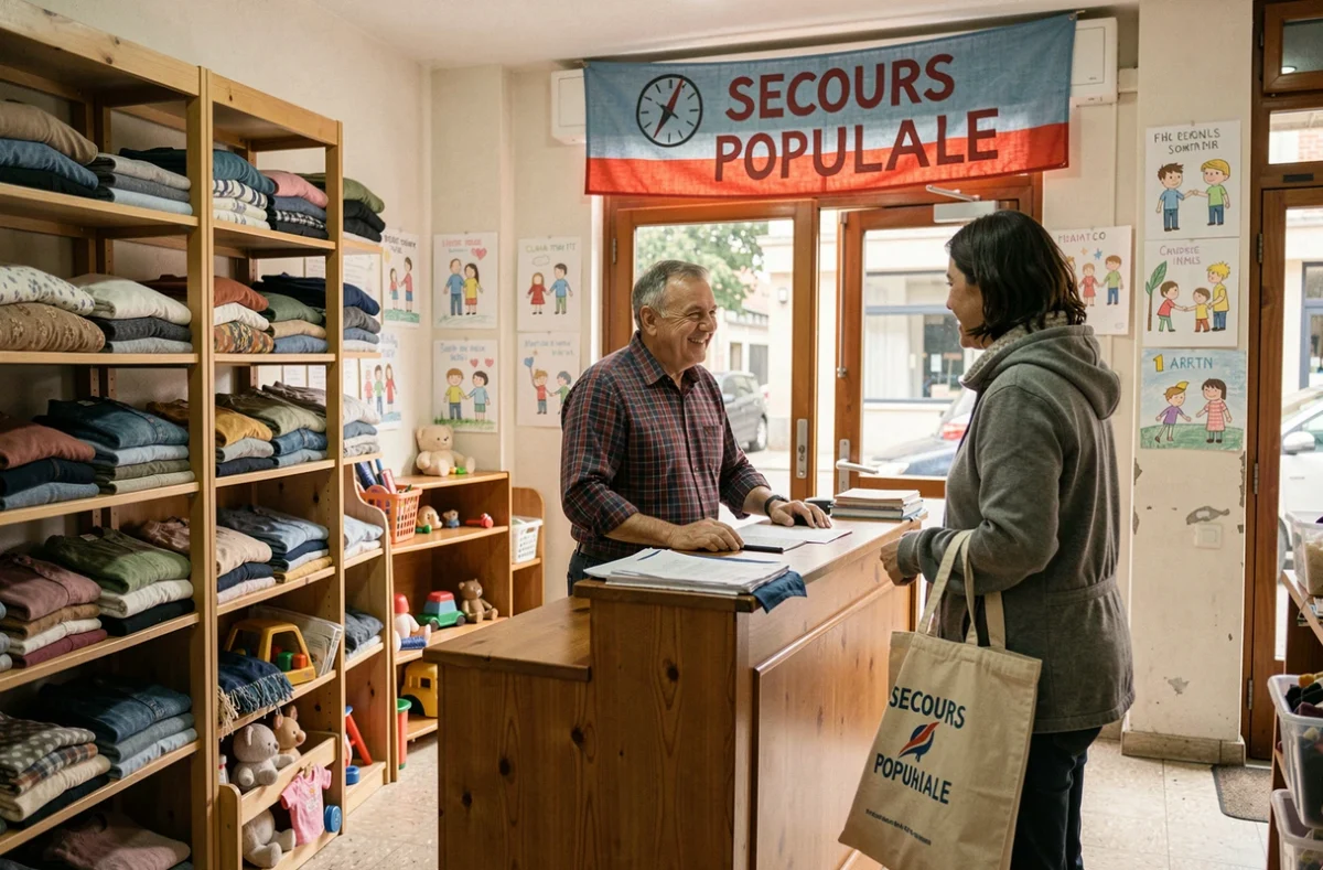 Boutique Secours Populaire Nîmes avec bénévole et vêtements de seconde main sur des étagères en bois