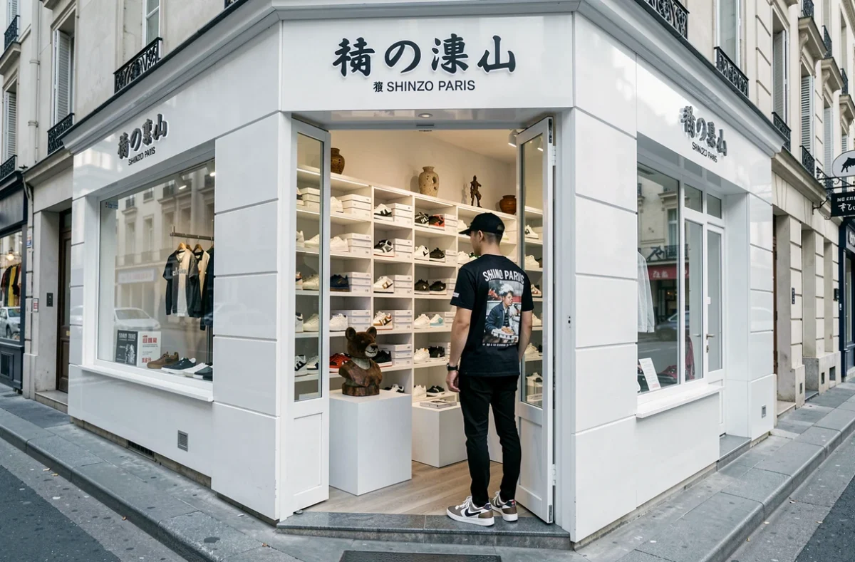 Boutique Shinzo Paris avec sa signalétique japonaise distinctive et son mur de sneakers visibles depuis l'entrée sur une rue parisienne