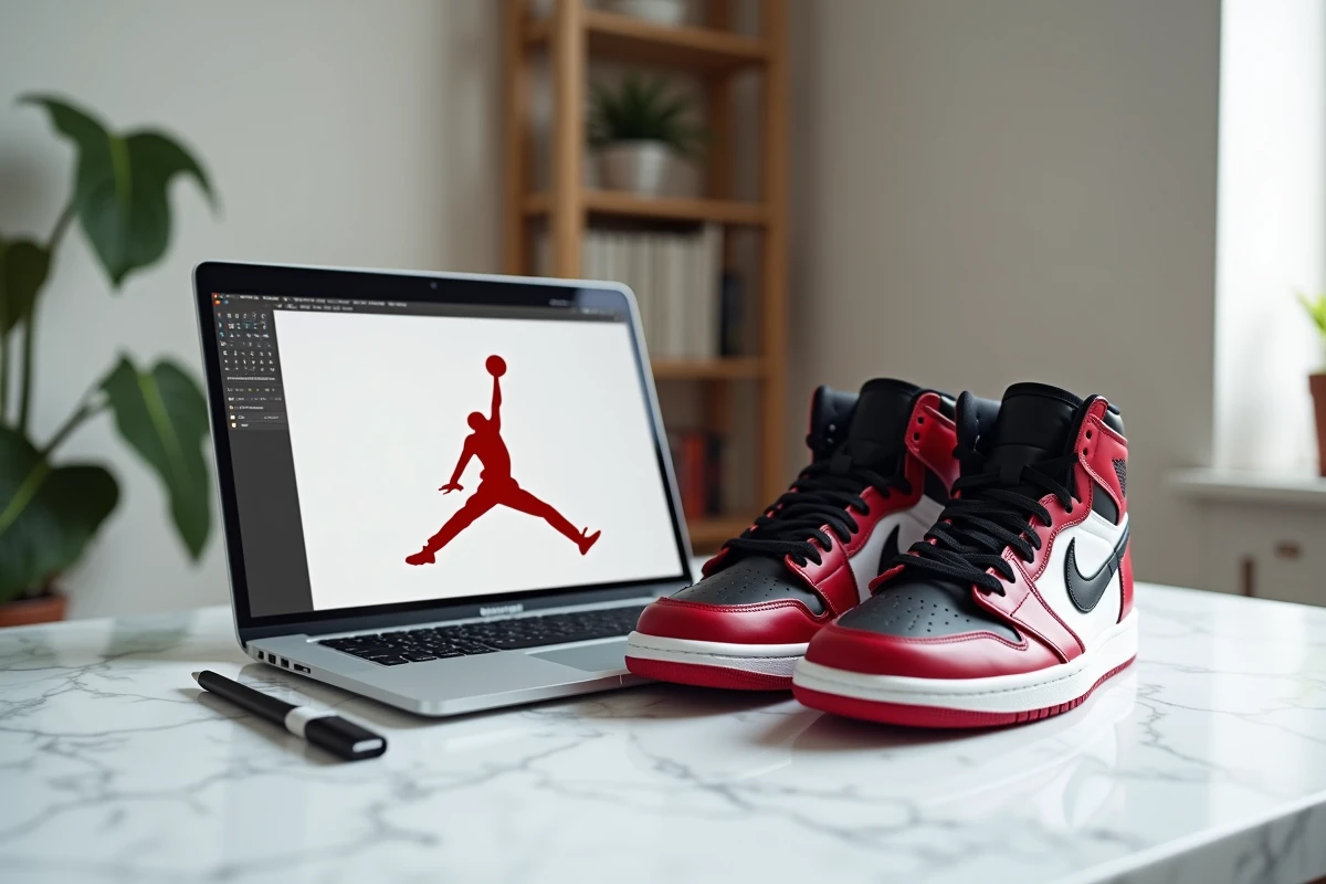 Sneakers Air Jordan posées à côté d'un fichier vectoriel du logo Jumpman ouvert sur un laptop