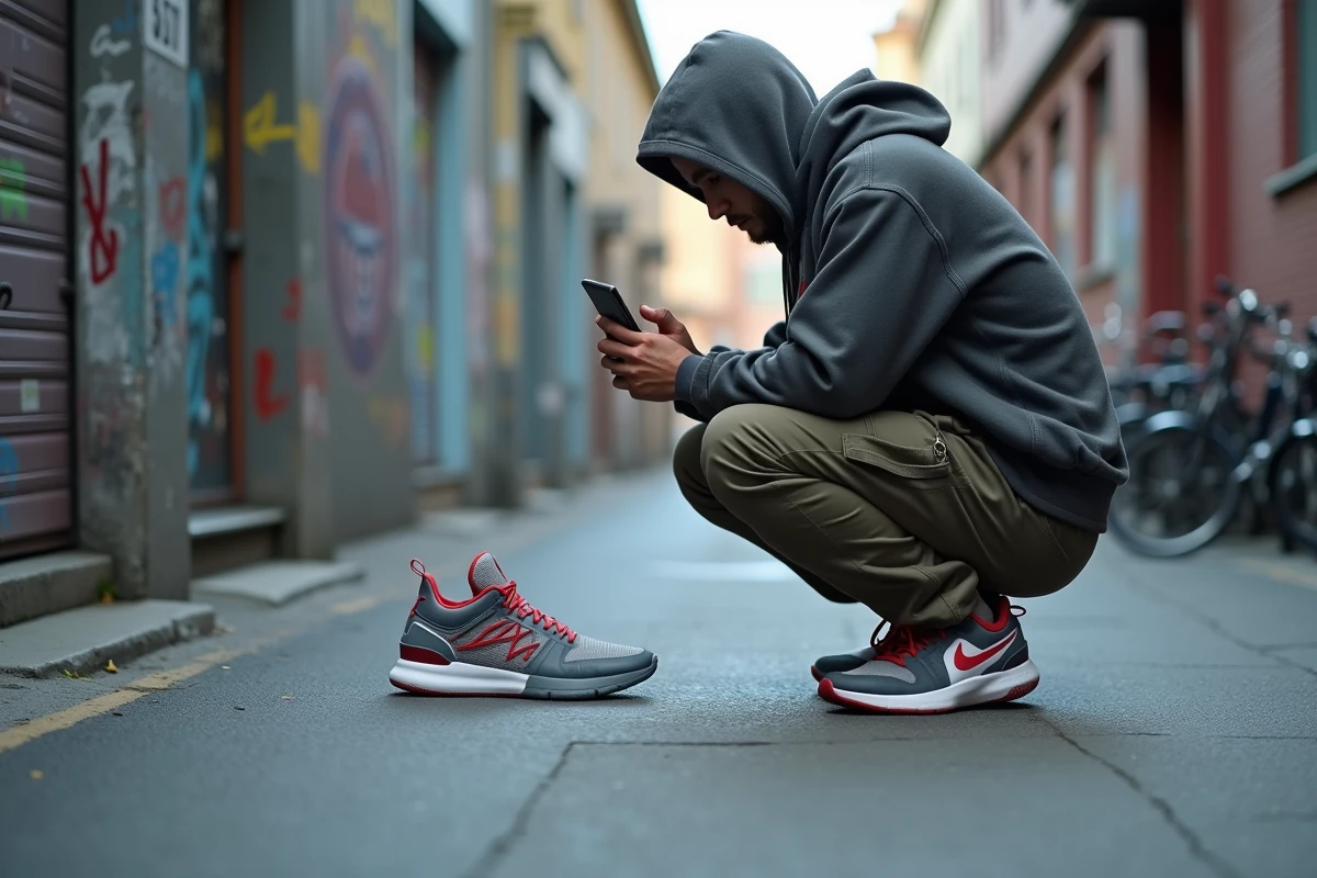 Jeune homme photographiant une paire de baskets rares en édition limitée posée sur un trottoir urbain dans un contexte de culture streetwear