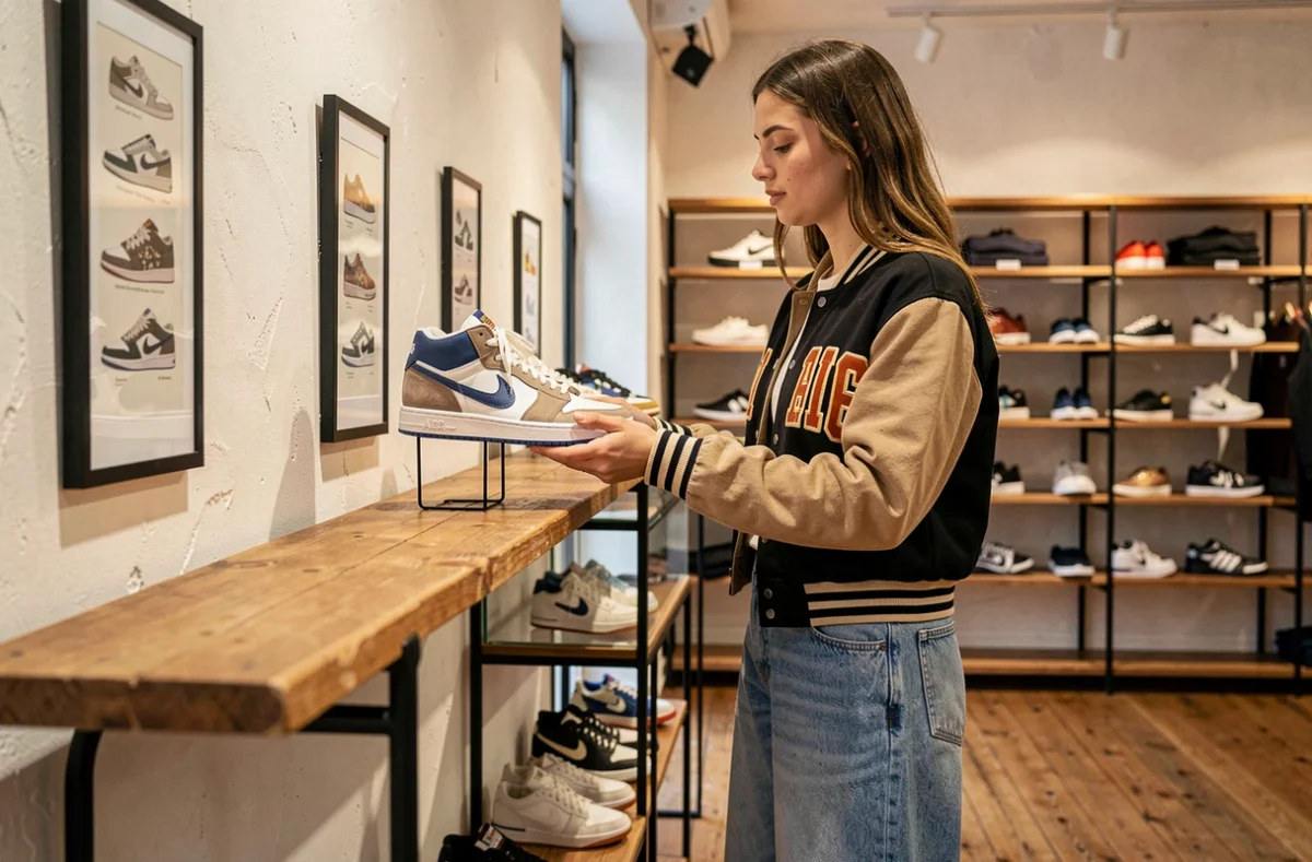 Intérieur de Starcow Paris avec une cliente examinant une sneaker rare sur une étagère en bois dans un espace boutique soigneusement curé