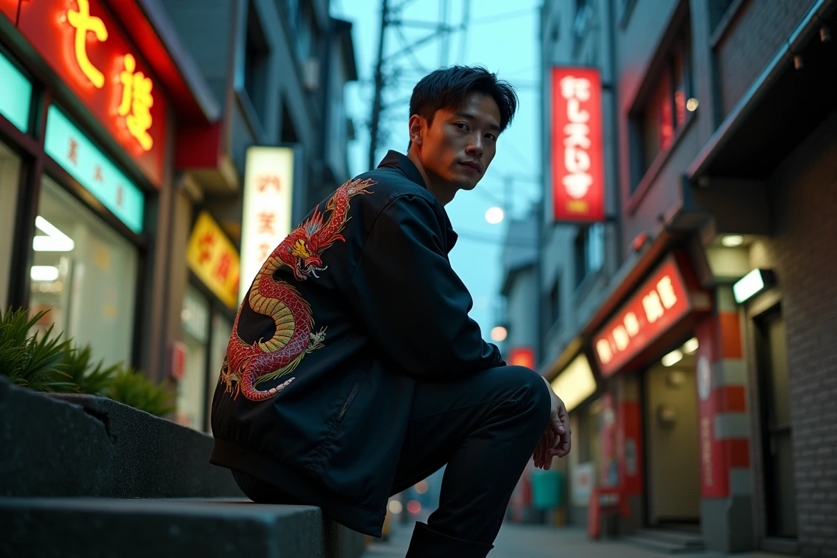 Homme en sukajan japonais avec broderie de dragon, assis sur des escaliers en béton dans une ruelle urbaine inspirée de Tokyo, ambiance rébellion et culture streetwear
