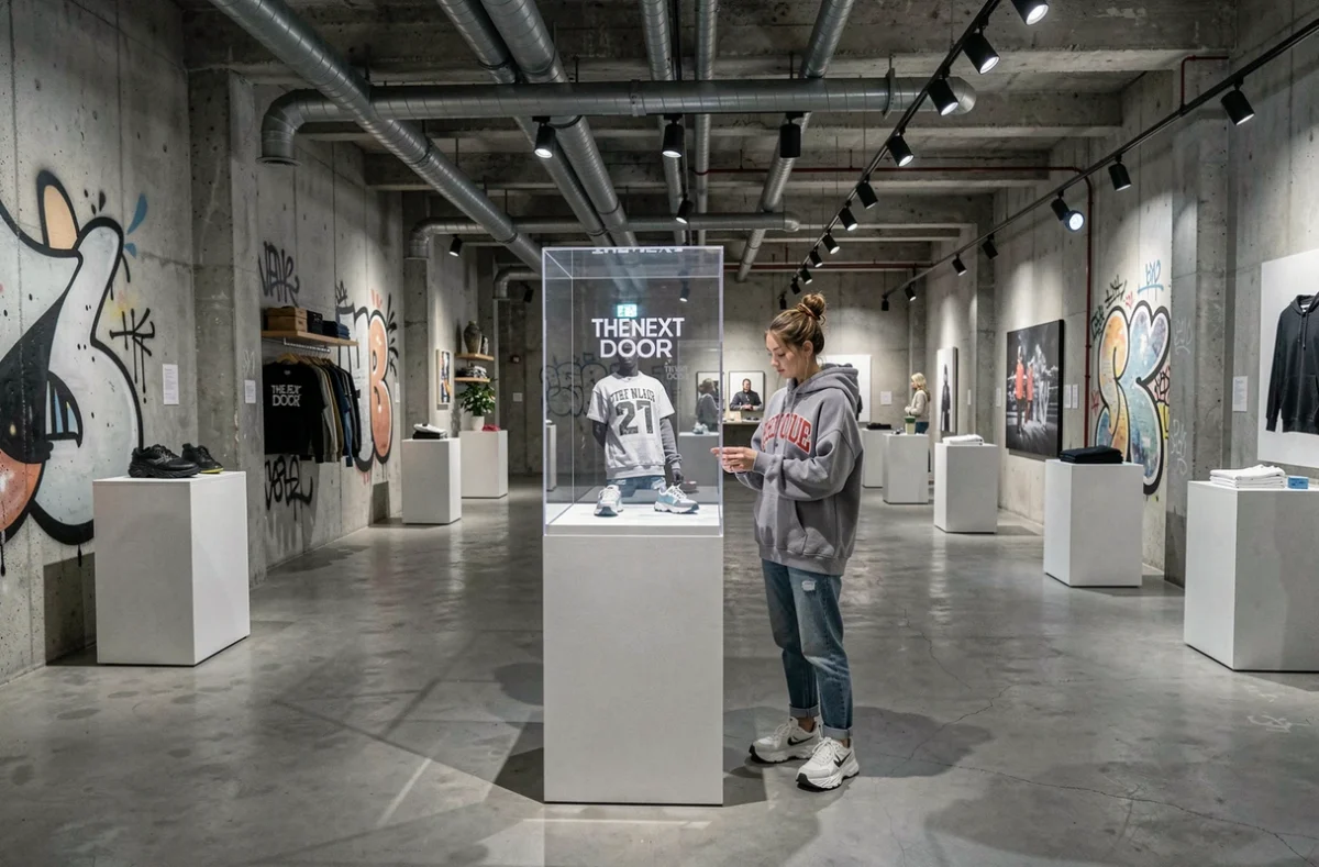 Intérieur de THE NEXT DOOR Paris, espace concept store streetwear avec des œuvres d'art murales et des produits en édition limitée exposés comme en galerie