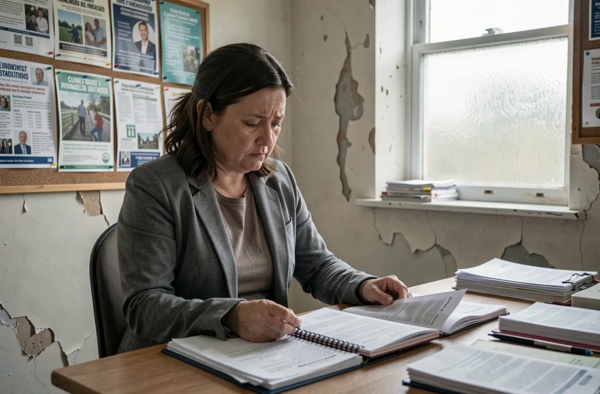 Travailleuse sociale dans un bureau d'aide aux sans-abri, symbolisant les limites du système d'aide sociale