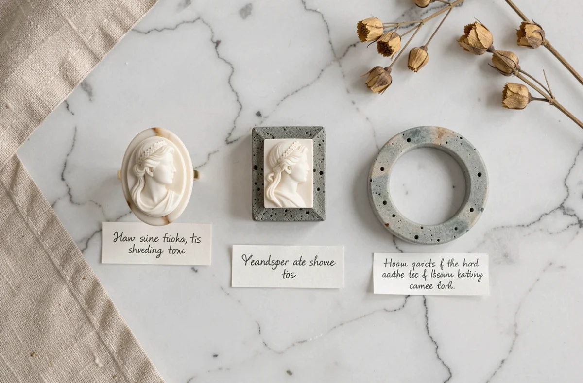 Trois bijoux camée différents disposés en flat-lay sur marbre blanc avec étiquettes descriptives, montrant les types de pierres et coquillages utilisés dans la fabrication de camées authentiques