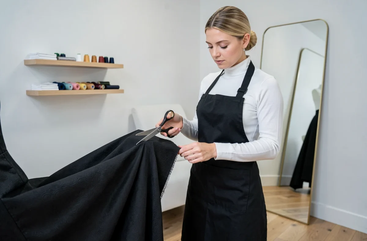 Tailleuse chez Zelda Retouche à Paris découpant le tissu d'une robe de soirée avec des ciseaux de tailleur dans un atelier minimaliste blanc et épuré